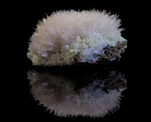 Mesolite on Apophyllite — Full Specimen with Reflection — Minerals Photography Mesolite acicular crystal spray over pale green apophyllite cluster reflected on black surface, macro photography by Minerals Photography