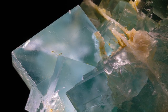 Macro detail of a large aqua blue-green fluorite cubic crystal face showing internal cleavage planes and translucency alongside cream-yellow gangue — macro photography by Minerals Photography