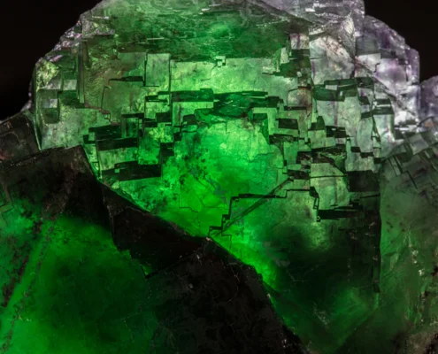 Green Fluorite Glowing Interior Through Etch Terraces — Minerals Photography Extreme macro of etched fluorite crystal face showing luminous emerald green interior glowing through stepped dissolution terraces with violet color zoning at edges — macro photography by Minerals Photography