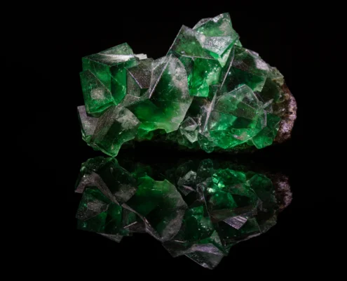 Emerald Green Fluorite with Silver Cleavage Faces — Minerals Photography Full specimen view of vivid emerald green fluorite cubic crystals with metallic silver cleavage faces on dark matrix with mirror reflection on black background — macro photography by Minerals Photography