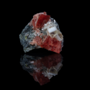 Rhodochrosite large red rhombohedral crystals with white bladed calcite on dark matrix reflected on black mirror surface, macro photography by Minerals Photography
