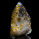 Spessartine garnet golden-orange crystals of varying sizes scattered over transparent quartz point on black background, macro photography by Minerals Photography