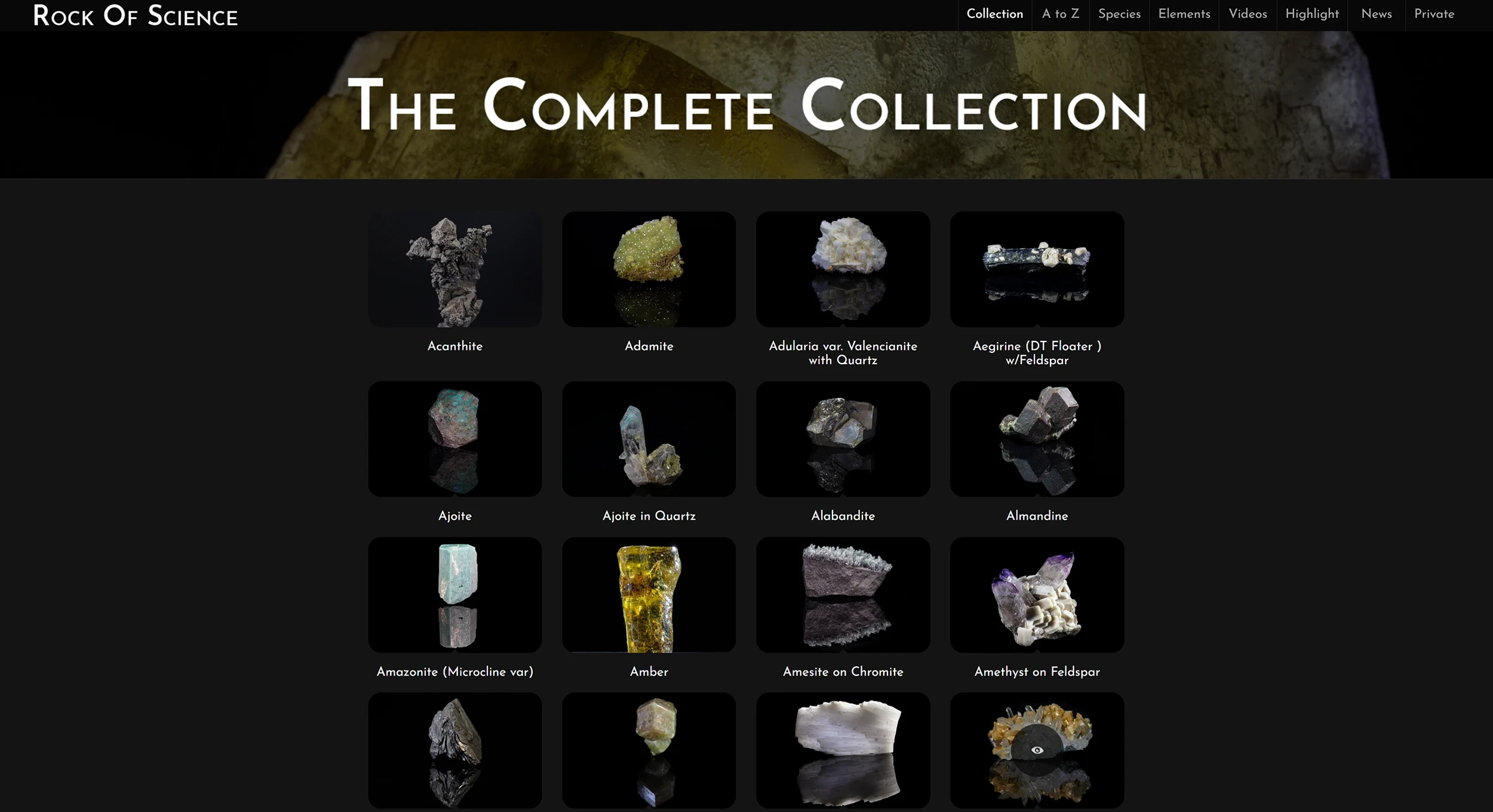 Mineral collection website - complete specimen grid view, Rock of Science private collection