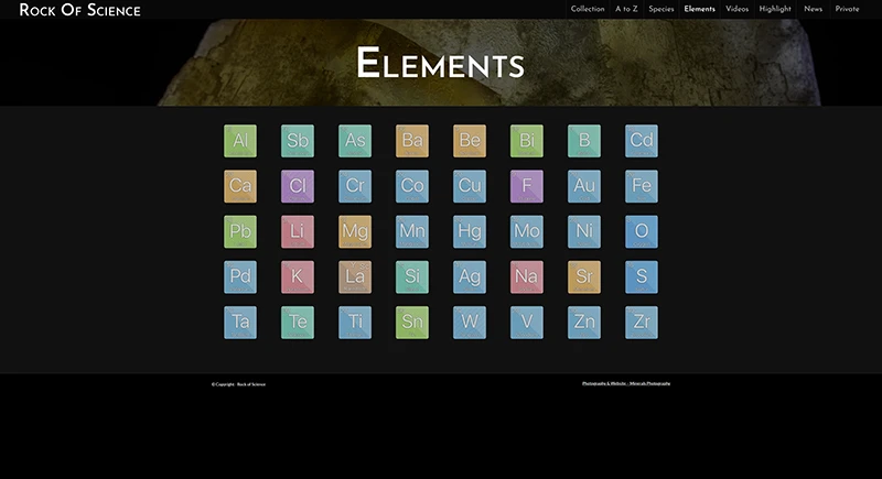 Mineral collection website - periodic table navigation, browse specimens by chemical element composition
