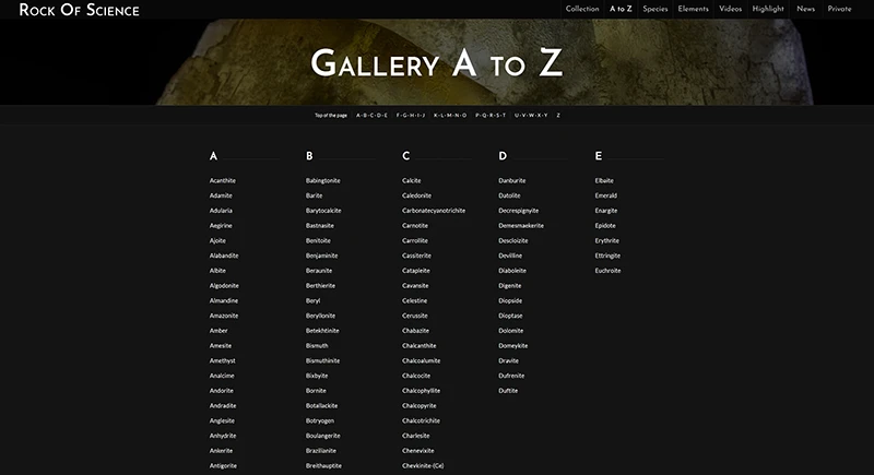 Mineral collection website - full alphabetical index of mineral specimens from A to Z, Rock of Science