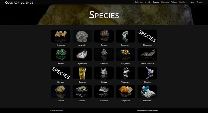 Mineral collection website - browse by mineralogical species: Arsenates, Borates, Carbonates, Silicates and more