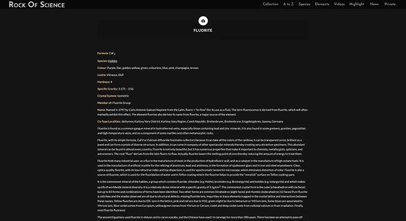Mineral collection website - individual specimen page showing Fluorite with full mineralogical data, photography and related specimens