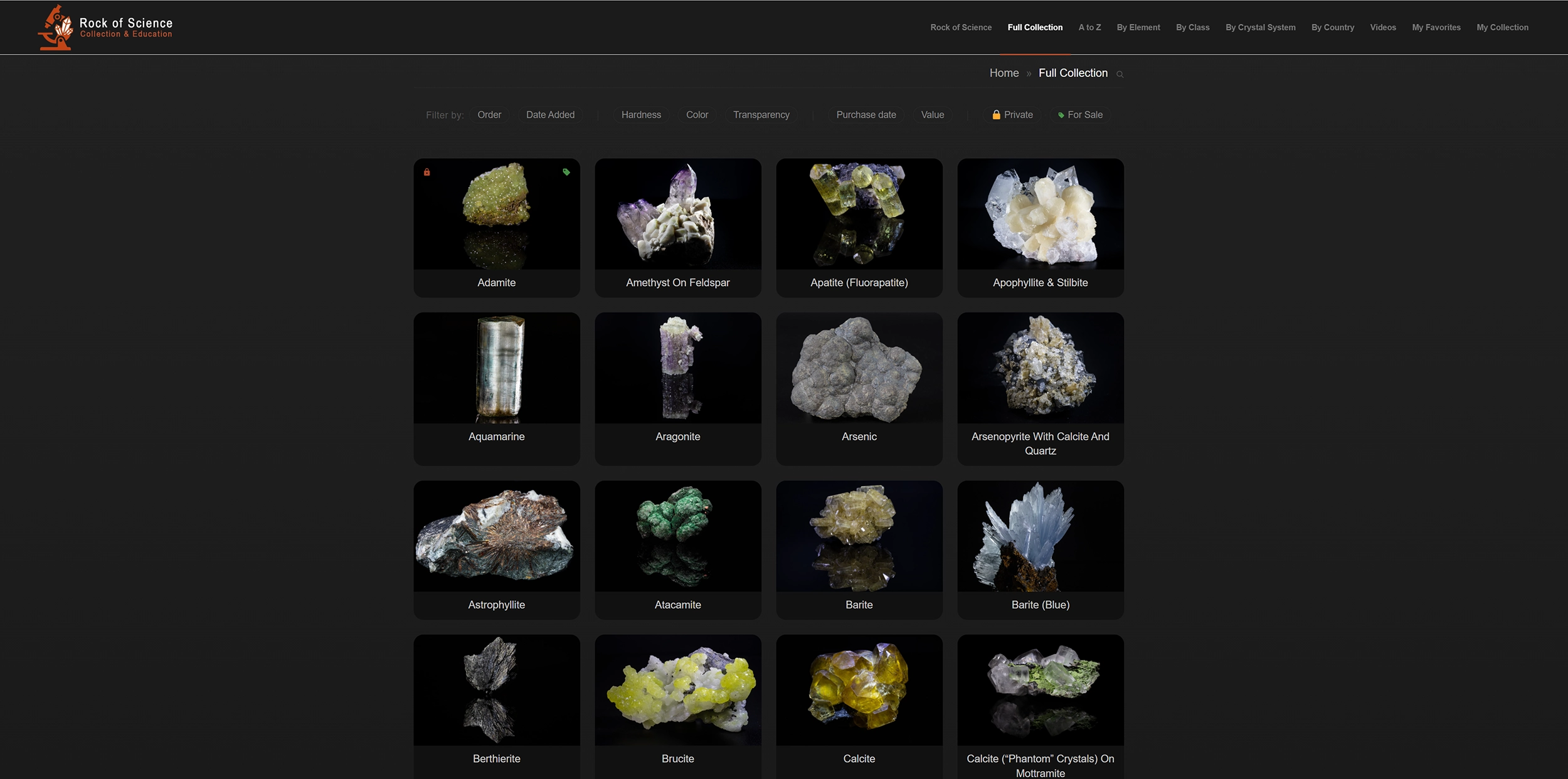 Full mineral collection grid on rock-of-science.org