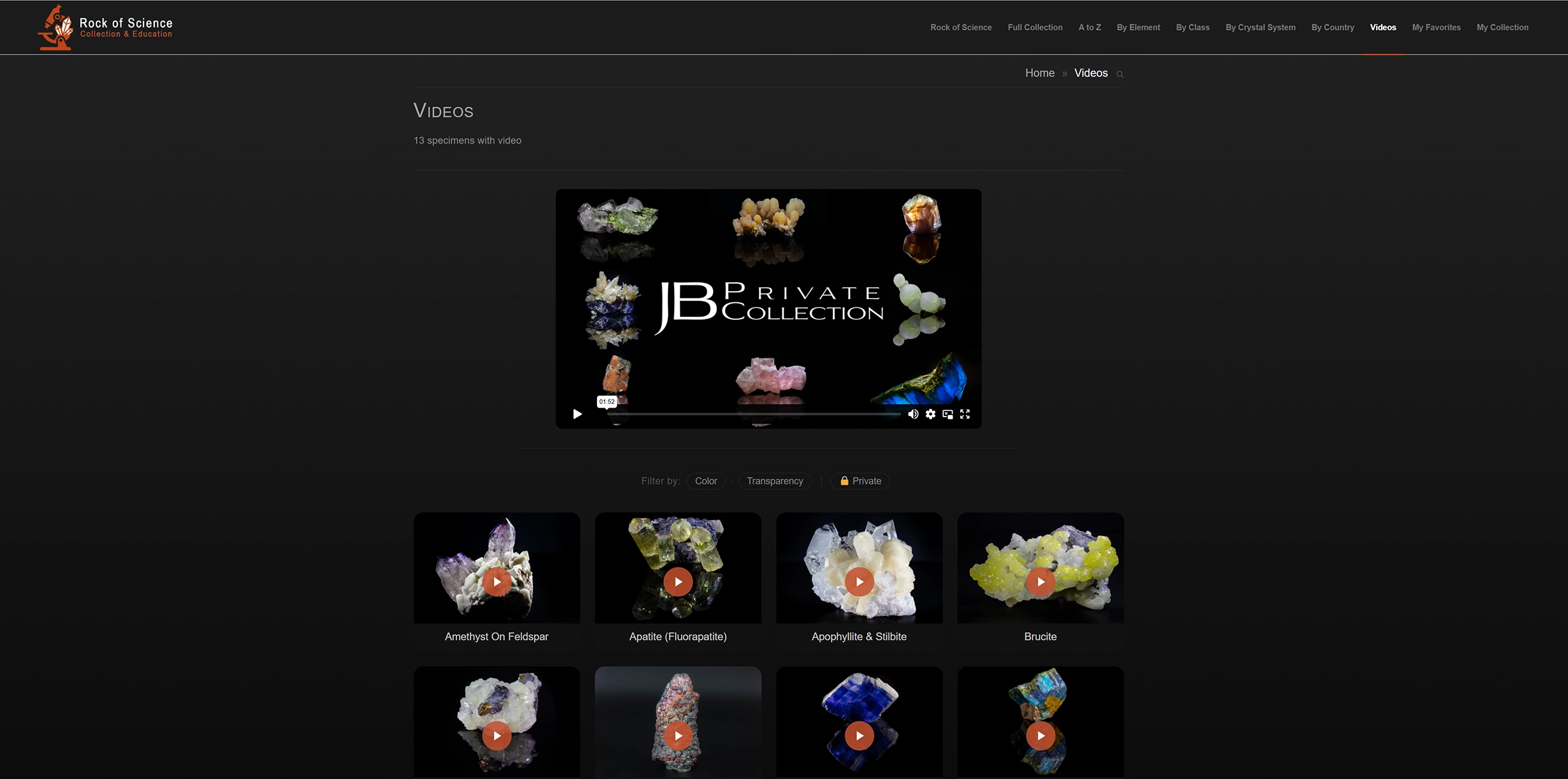 Mineral specimen videos on rock-of-science.org