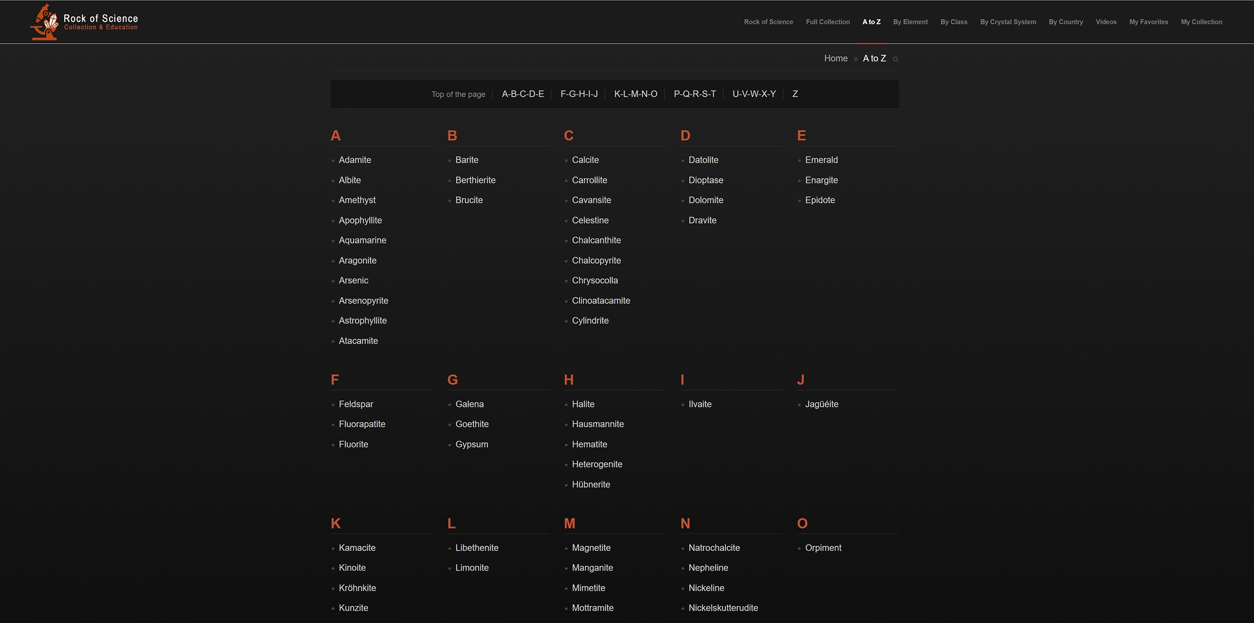 Alphabetical species index on rock-of-science.org