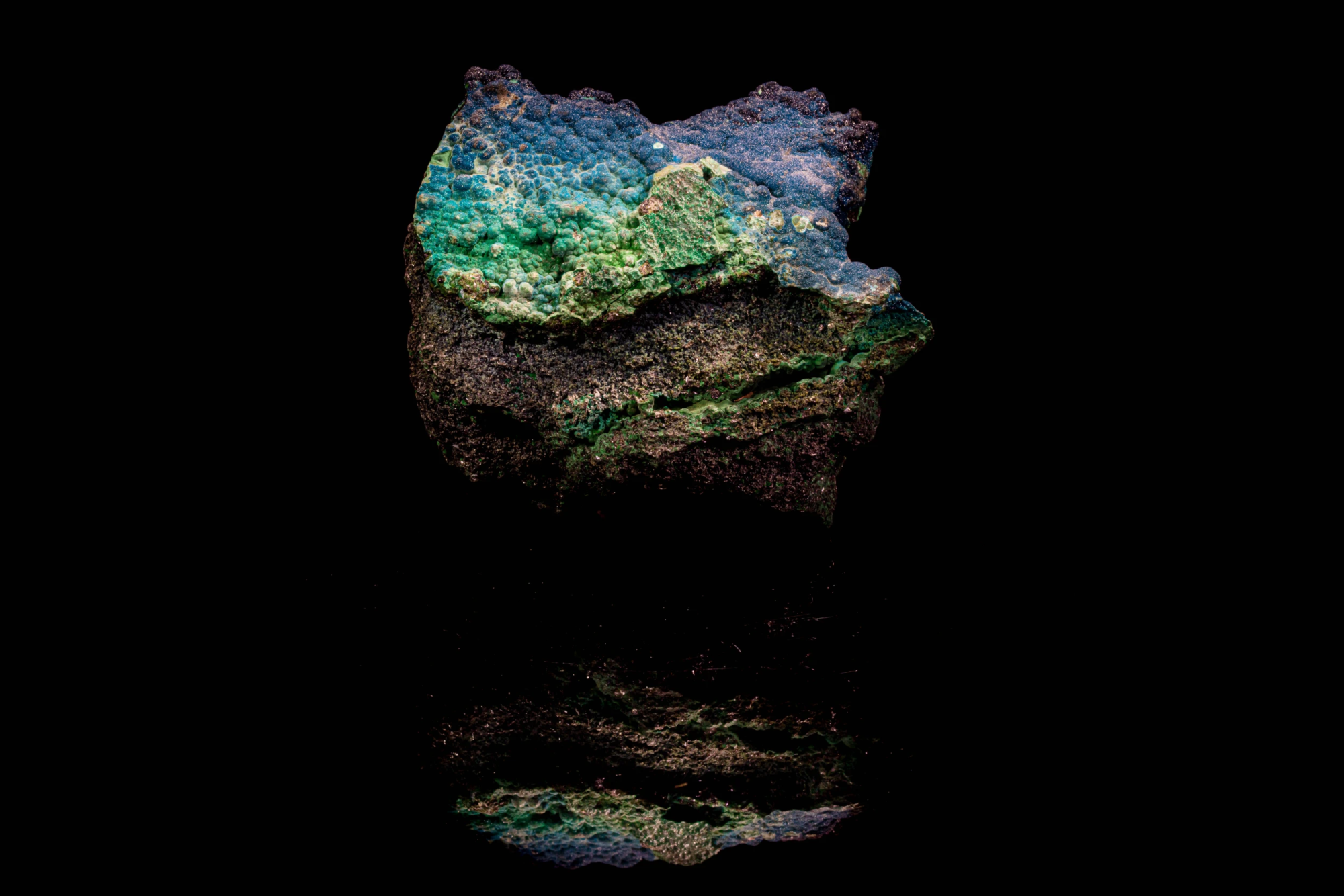 Blue and green botryoidal cornetite mineral crust from Congo.