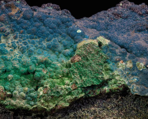 Green massive cornetite matrix with blue botryoidal crust, Congo.
