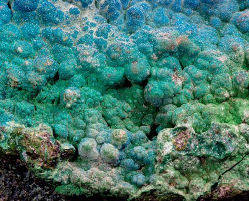 Microcrystalline blue to cyan botryoidal cornetite mineral clusters, Congo.