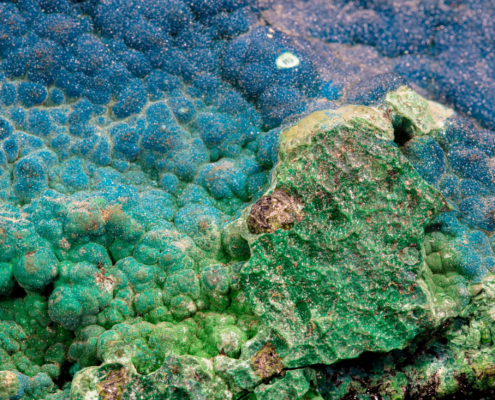 Flat plate specimen of blue botryoidal cornetite from Congo.